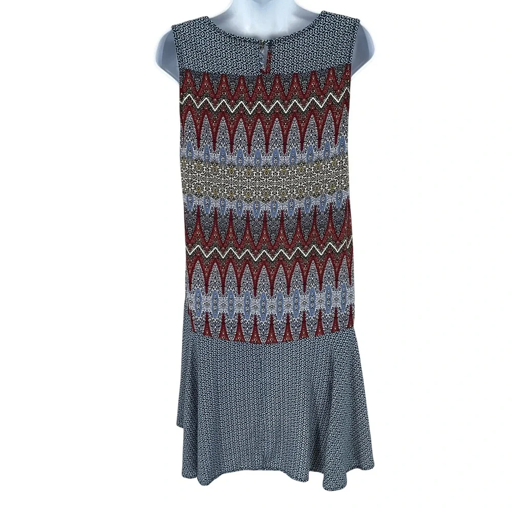 Umgee Tunic Mini Dress Women Small Blue Geometric Chevron Boho Ruffle Sleeveless